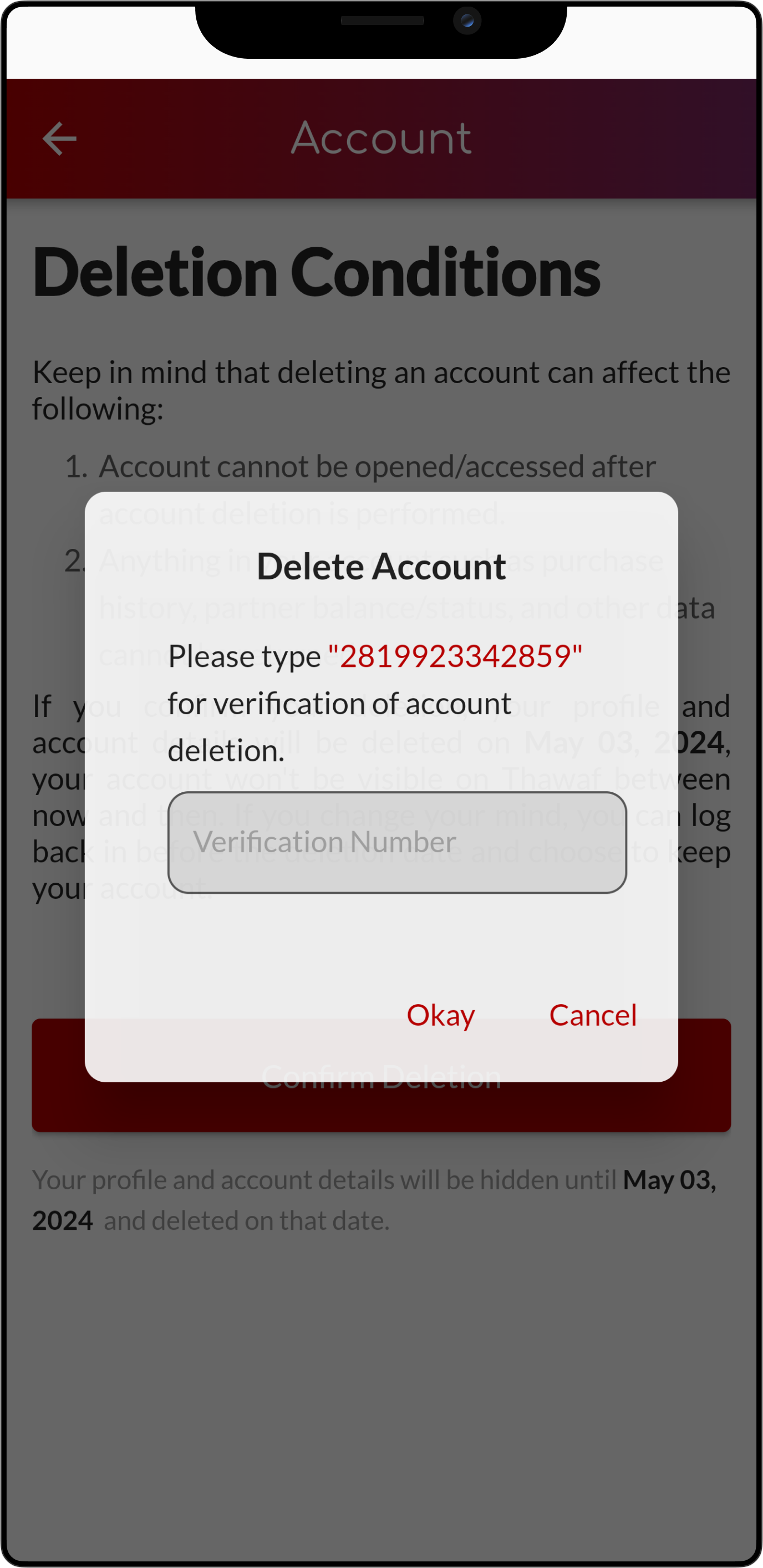 Deletion Confirmation section